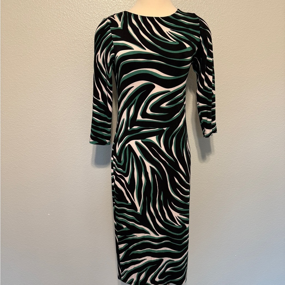 Chico's Black and Green Swirl‎ Long Sleeve Dress